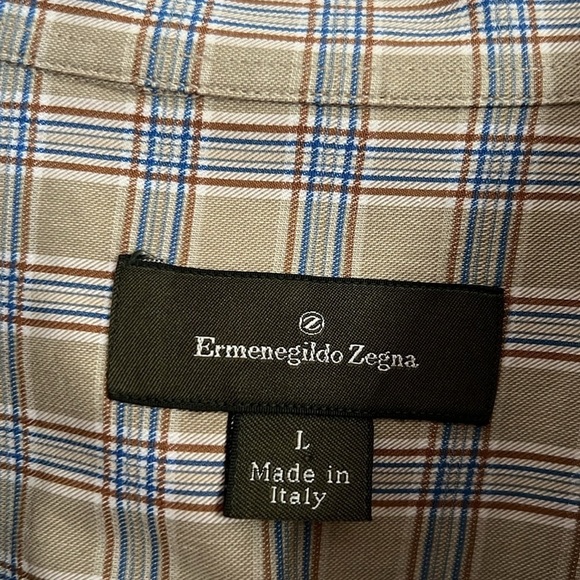 Ermenegildo Zegna Tan Blue Plaid Button Up Shirt with Pocket - Picture 4 of 8